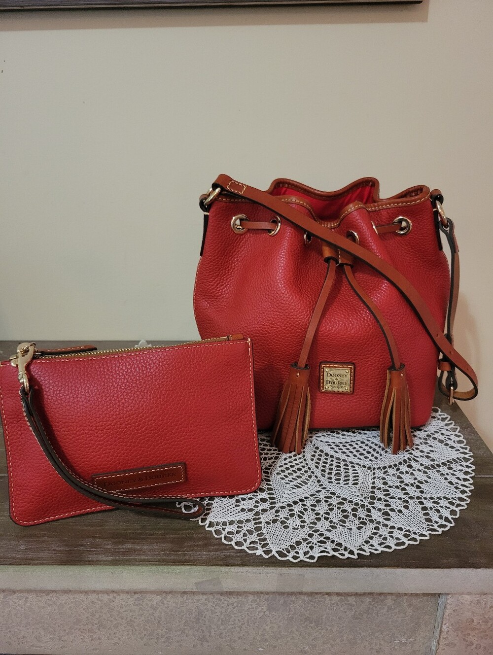 Dooney & Bourke Red Pebble Leather Aimee Drawstring Bag & Matching Wristlet